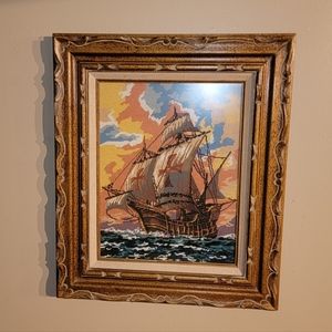 BEAUTIFUL ANTIQUE FRENCH CROSS TAPESTRY SHIP  ON SEA 23X26